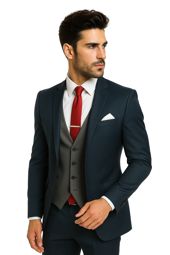 Navy Blue Suit For Men With Grey Vest Vested 3 Piece Wool suit