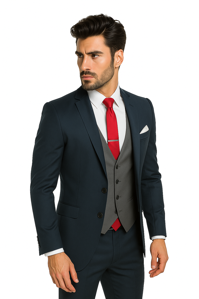 Navy Blue Suit For Men With Grey Vest Vested 3 Piece Wool suit