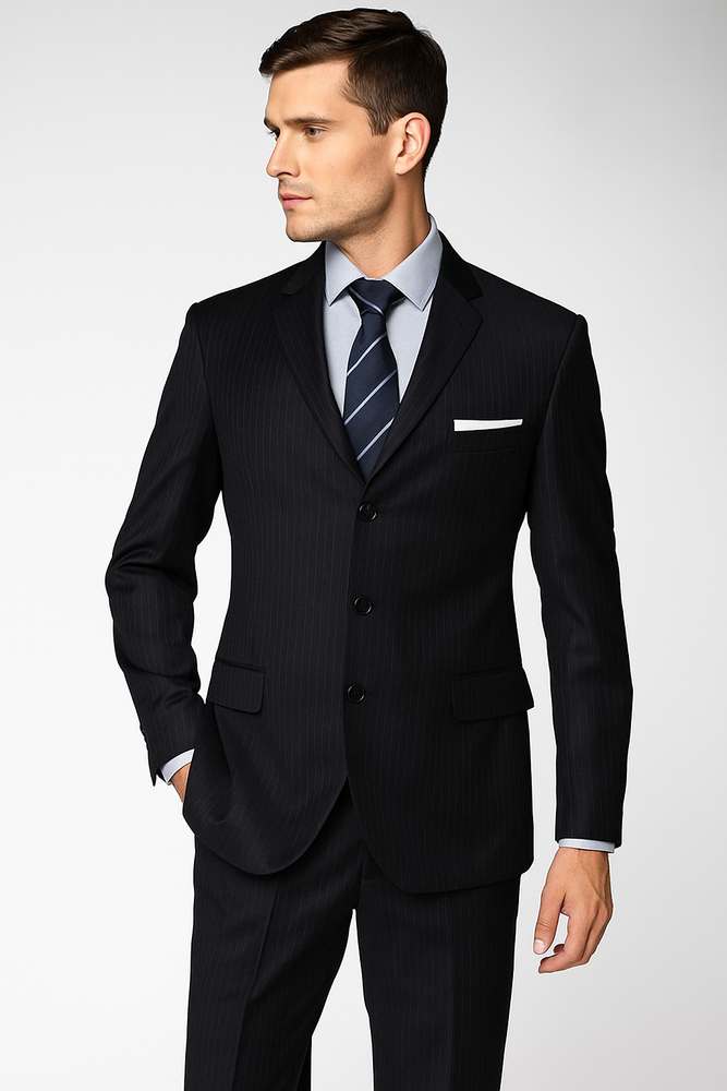 Men's 3 Button Fitted Slim Fit Wool Suit Flat Front Pants Side Vented Available in Black or Charcoal or Dark Navy Blue Suit For Men