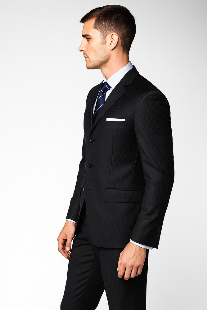 Men's 3 Button Fitted Slim Fit Wool Suit Flat Front Pants Side Vented Available in Black or Charcoal or Dark Navy Blue Suit For Men