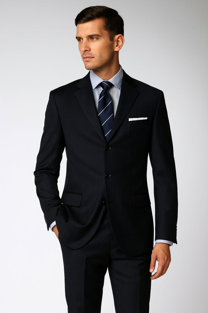 Men's 3 Button Fitted Slim Fit Wool Suit Flat Front Pants Side Vented Available in Black or Charcoal or Dark Navy Blue Suit For Men