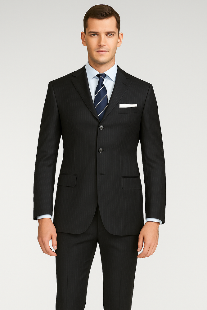 Men's 3 Button Fitted Slim Fit Wool Suit Flat Front Pants Side Vented Available in Black or Charcoal or Dark Navy Blue Suit For Men