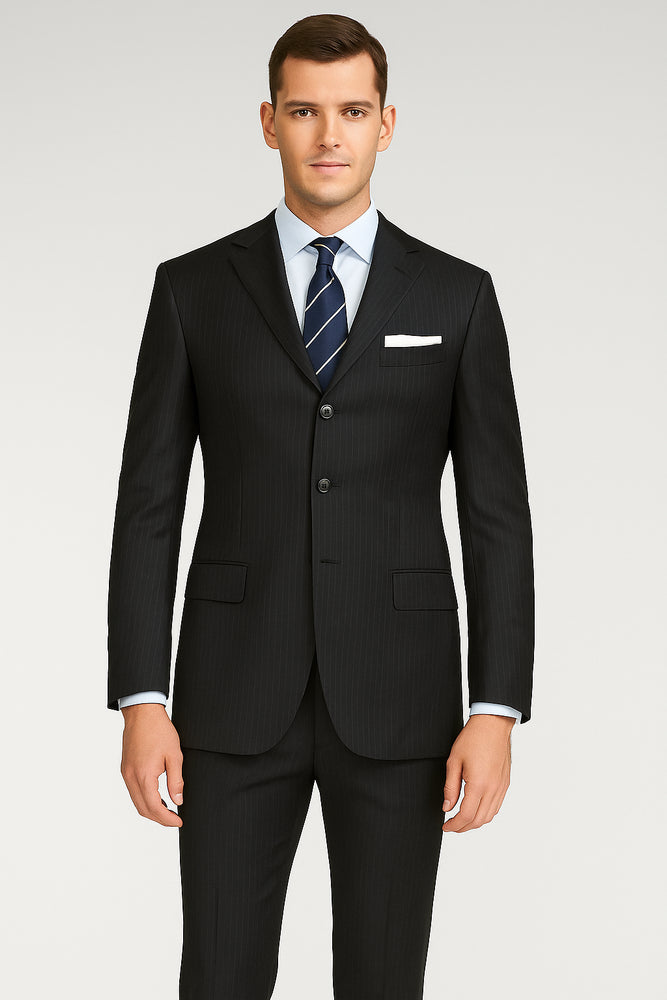 Men's 3 Button Fitted Slim Fit Wool Suit Flat Front Pants Side Vented Available in Black or Charcoal or Dark Navy Blue Suit For Men