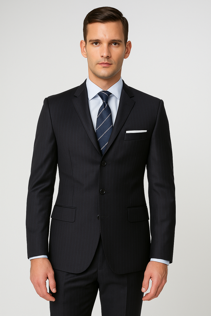 Men's 3 Button Fitted Slim Fit Wool Suit Flat Front Pants Side Vented Available in Black or Charcoal or Dark Navy Blue Suit For Men