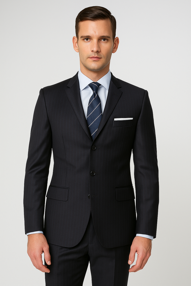 Men's 3 Button Fitted Slim Fit Wool Suit Flat Front Pants Side Vented Available in Black or Charcoal or Dark Navy Blue Suit For Men