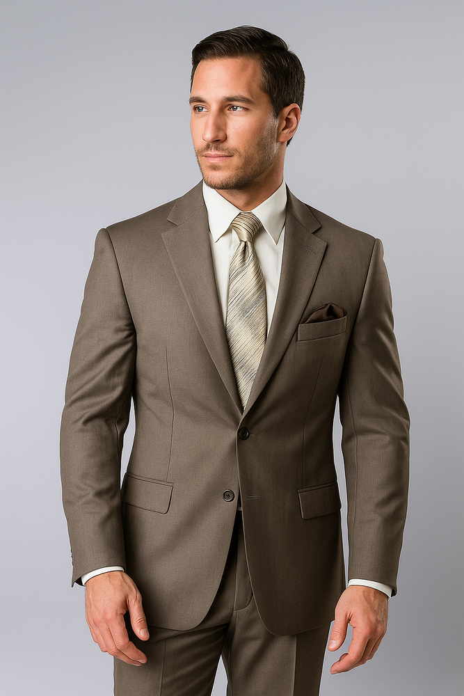 Designer Affordable Inexpensive Men's Wool Platinum Stripe Olive Two Piece Suit with Flat Front Pant