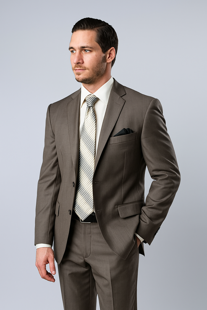 Designer Affordable Inexpensive Men's Wool Platinum Stripe Olive Two Piece Suit with Flat Front Pant