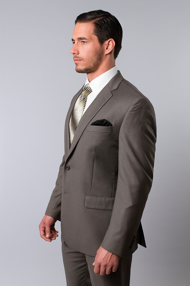 Designer Affordable Inexpensive Men's Wool Platinum Stripe Olive Two Piece Suit with Flat Front Pant