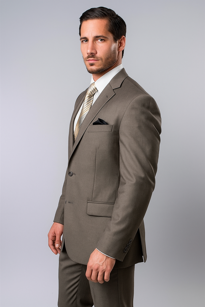 Designer Affordable Inexpensive Men's Wool Platinum Stripe Olive Two Piece Suit with Flat Front Pant