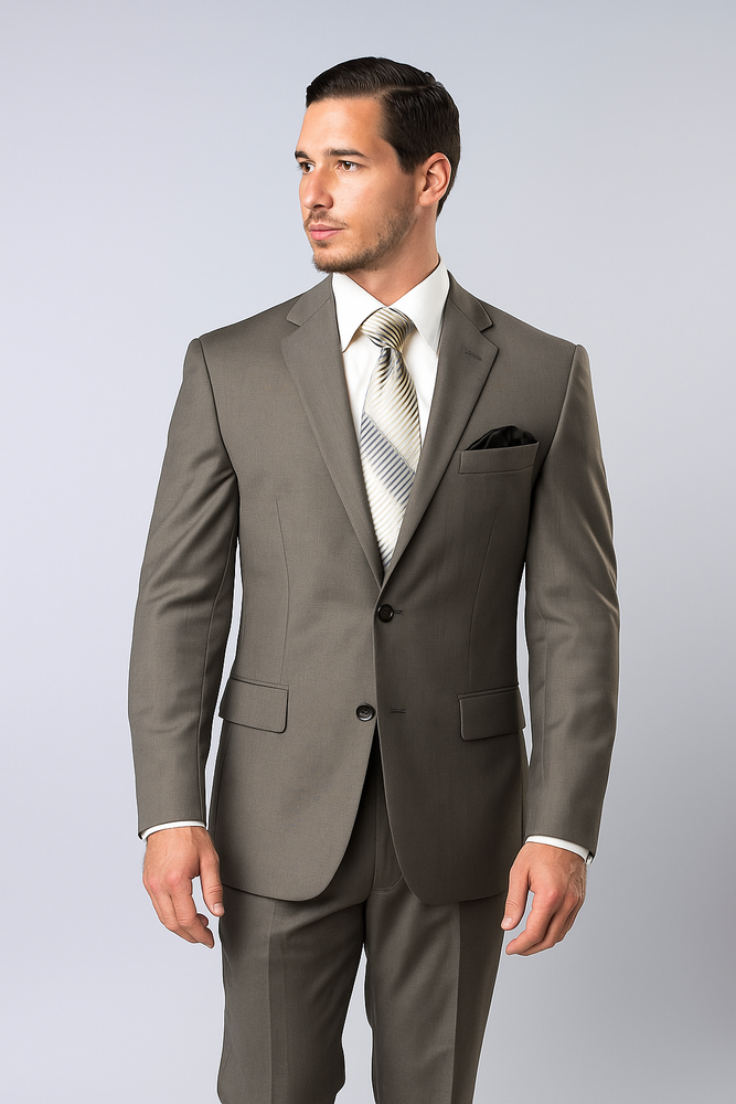Designer Affordable Inexpensive Men's Wool Platinum Stripe Olive Two Piece Suit with Flat Front Pant
