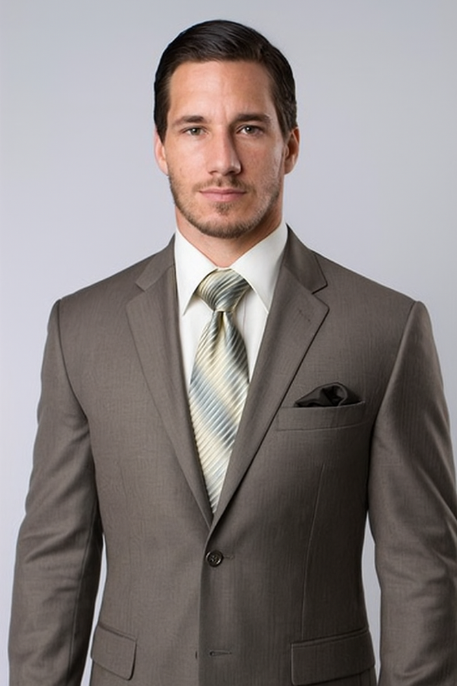 Designer Affordable Inexpensive Men's Wool Platinum Stripe Olive Two Piece Suit with Flat Front Pant