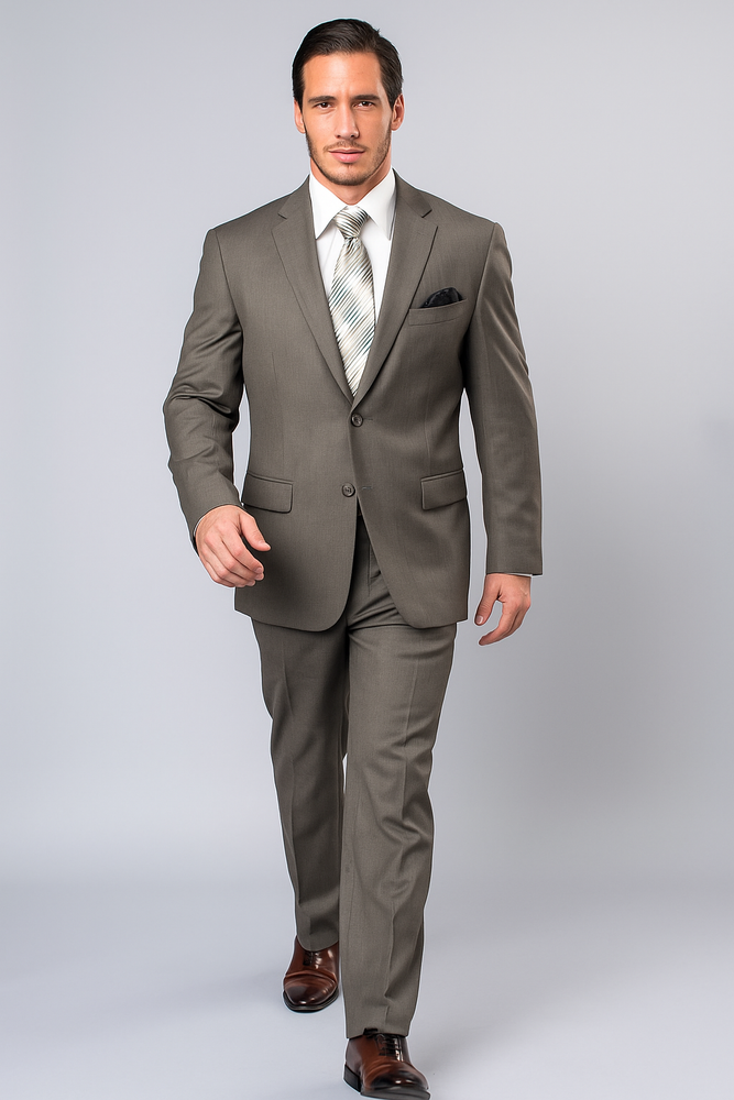Designer Affordable Inexpensive Men's Wool Platinum Stripe Olive Two Piece Suit with Flat Front Pant