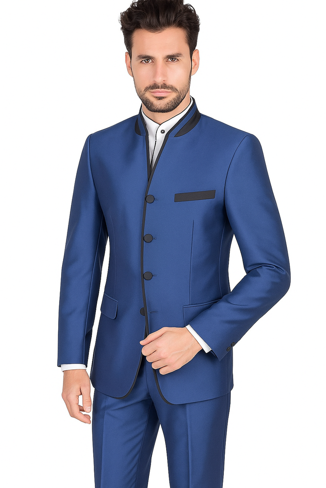 Mens Blue Mandarin Collar Suit Slim Fit