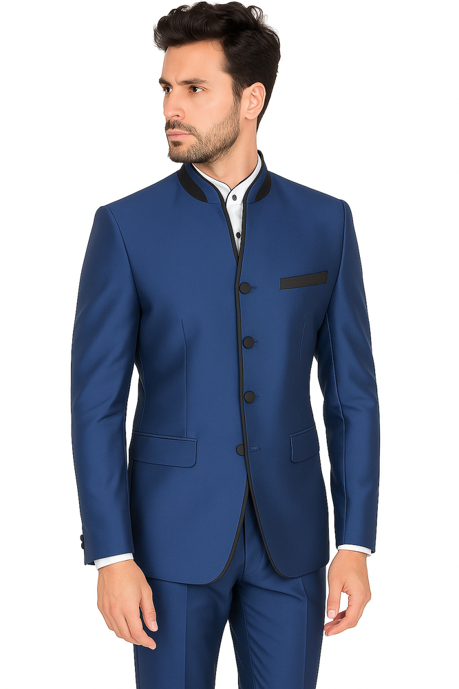 Mens Blue Mandarin Collar Suit Slim Fit
