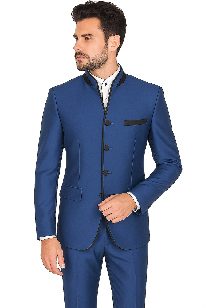Mens Blue Mandarin Collar Suit Slim Fit