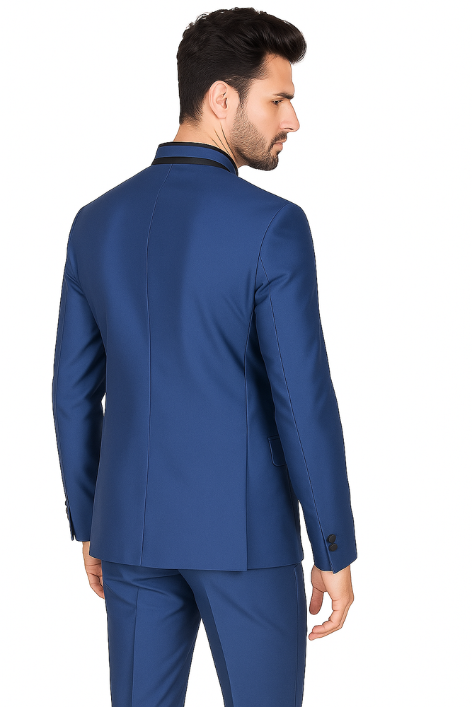 Mens Blue Mandarin Collar Suit Slim Fit