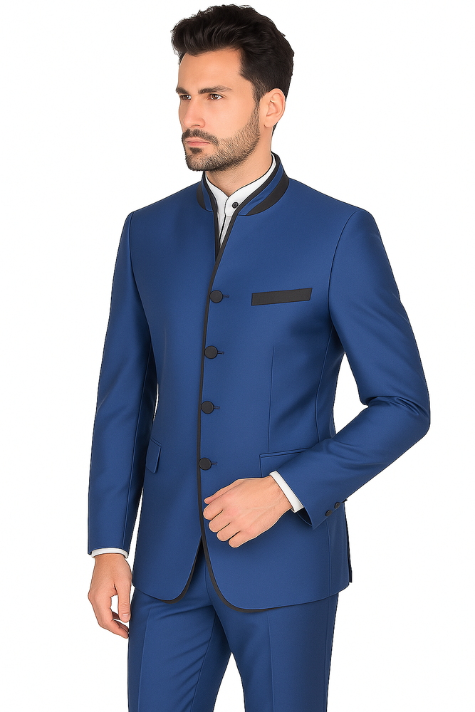 Mens Blue Mandarin Collar Suit Slim Fit