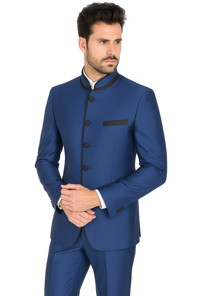 Mens Blue Mandarin Collar Suit Slim Fit