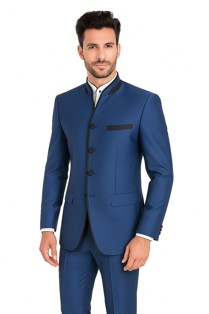 Mens Blue Mandarin Collar Suit Slim Fit