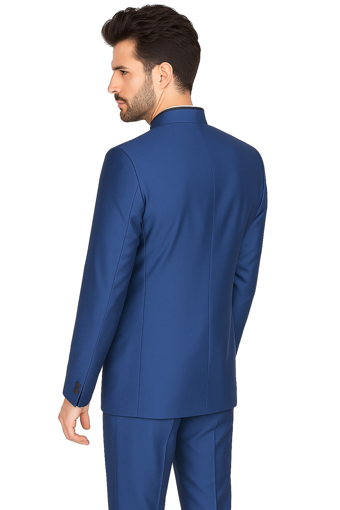 Mens Blue Mandarin Collar Suit Slim Fit