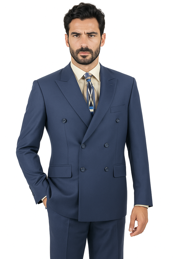 Mens Classic Wool Feel Double Breasted Suit in Blue