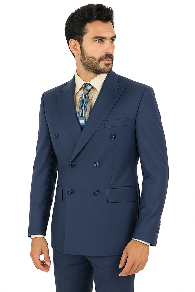 Mens Classic Wool Feel Double Breasted Suit in Blue