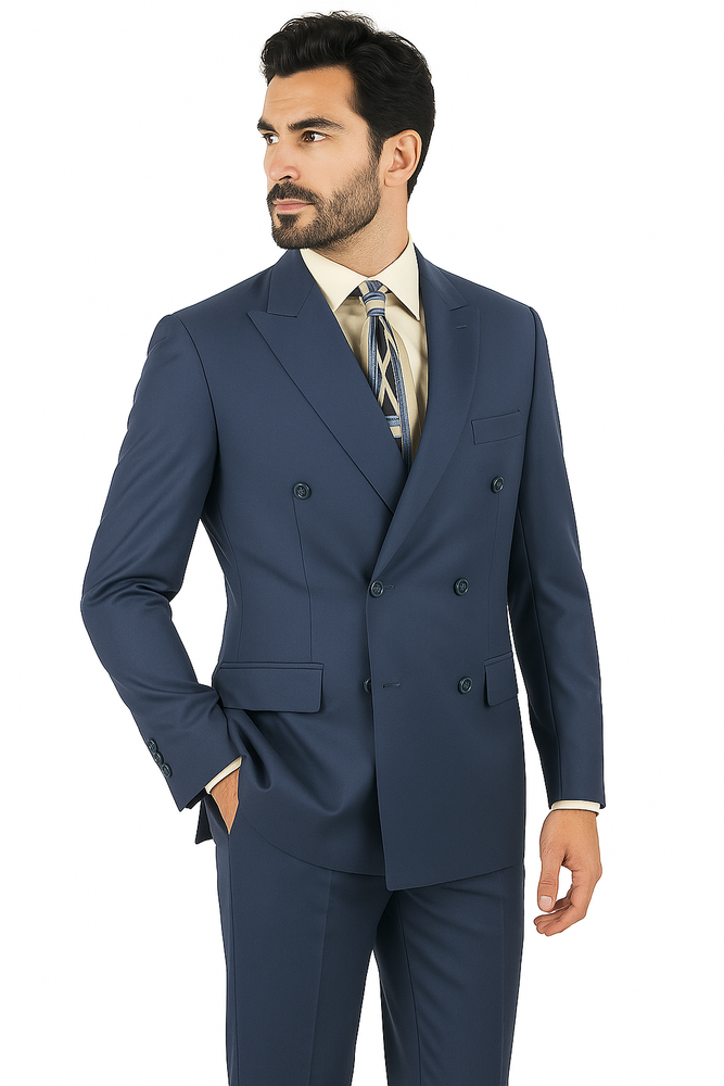 Mens Classic Wool Feel Double Breasted Suit in Blue