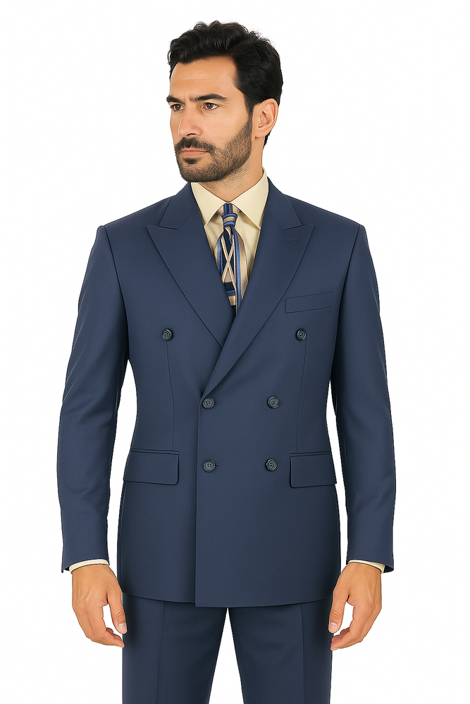 Mens Classic Wool Feel Double Breasted Suit in Blue