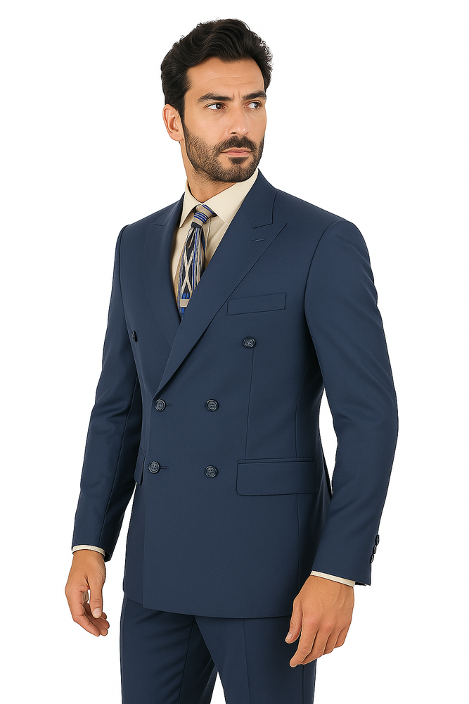 Mens Classic Wool Feel Double Breasted Suit in Blue