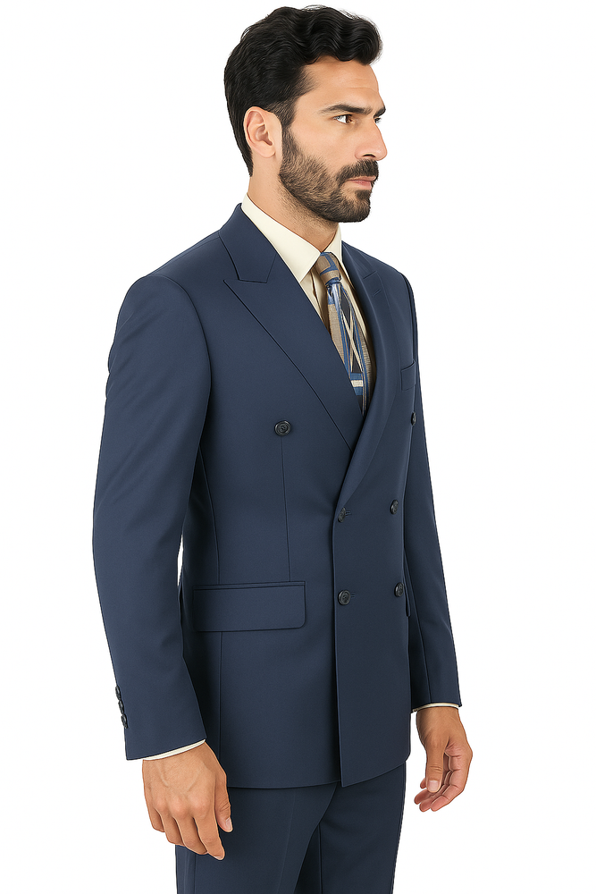 Mens Classic Wool Feel Double Breasted Suit in Blue