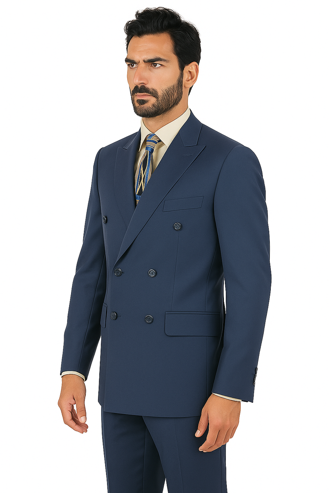 Mens Classic Wool Feel Double Breasted Suit in Blue