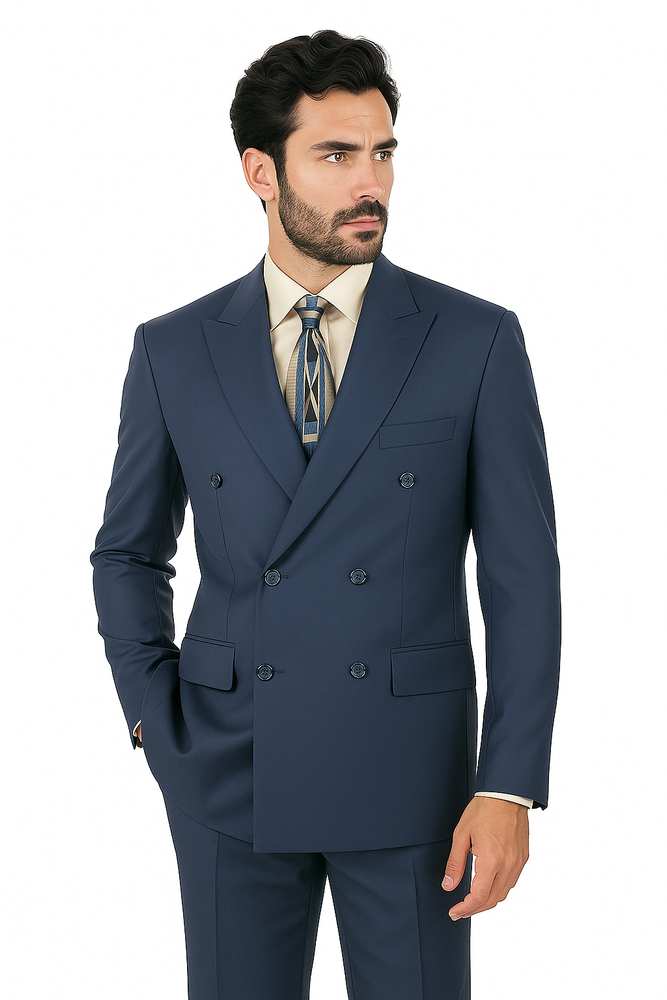 Mens Classic Wool Feel Double Breasted Suit in Blue