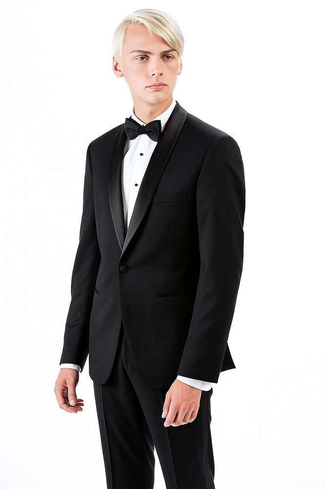 Men's 1 Button Shawl Lapel Wool Tuxedo Black Slim Fit Suit