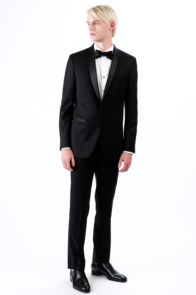 Men's 1 Button Shawl Lapel Wool Tuxedo Black Slim Fit Suit