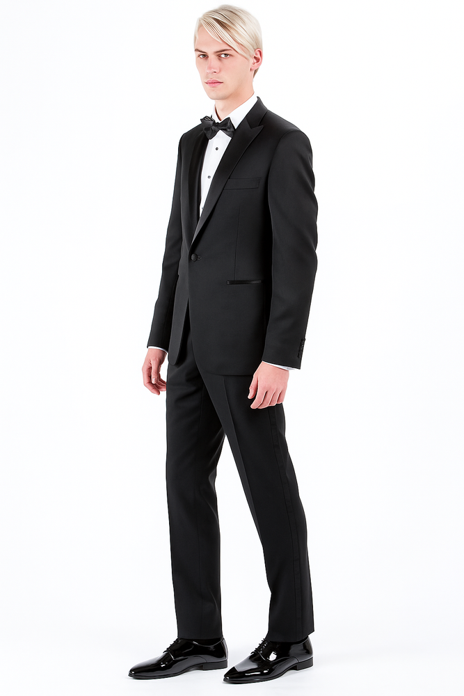 Men's 1 Button Shawl Lapel Wool Tuxedo Black Slim Fit Suit