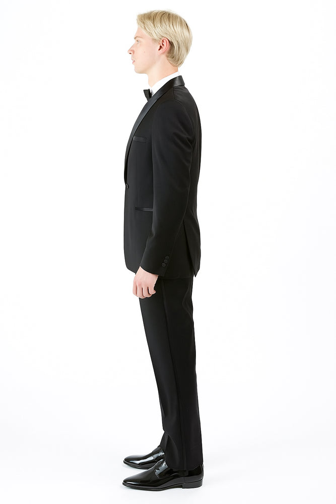 Men's 1 Button Shawl Lapel Wool Tuxedo Black Slim Fit Suit