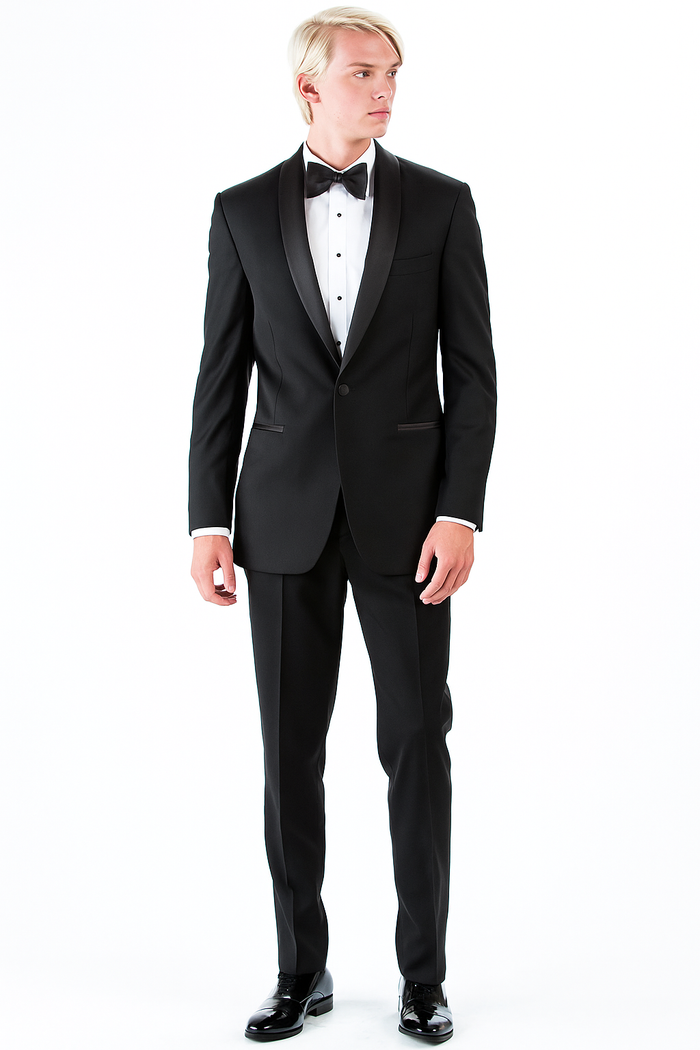 Men's 1 Button Shawl Lapel Wool Tuxedo Black Slim Fit Suit
