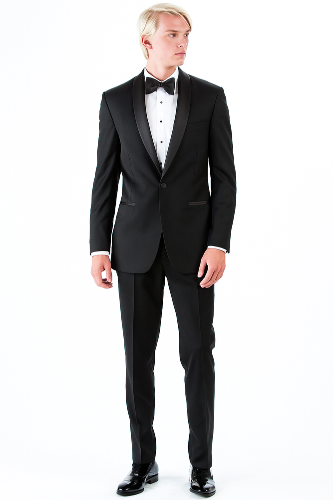 Men's 1 Button Shawl Lapel Wool Tuxedo Black Slim Fit Suit