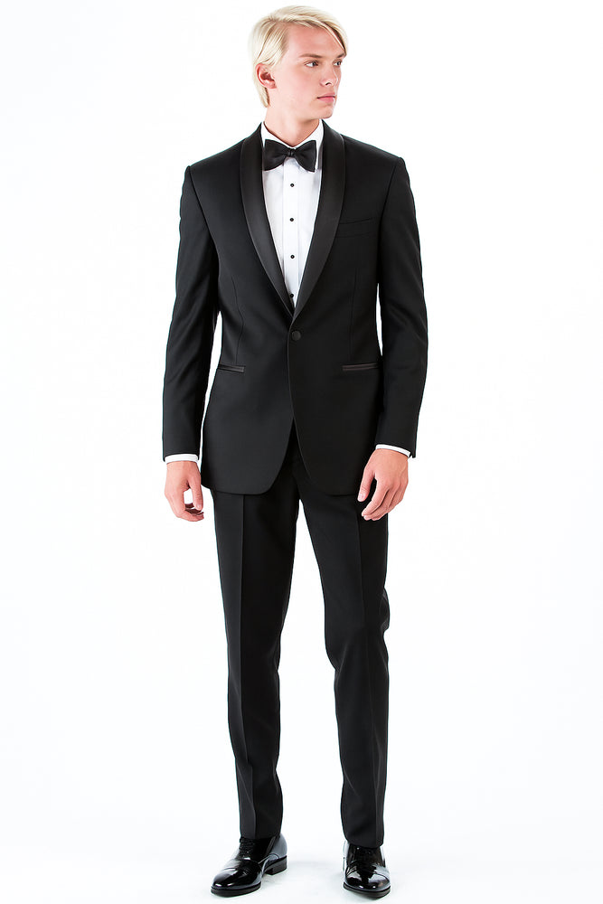 Men's 1 Button Shawl Lapel Wool Tuxedo Black Slim Fit Suit