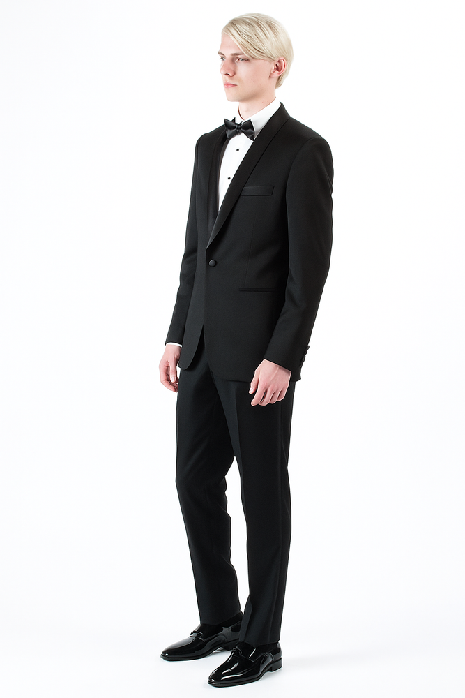 Men's 1 Button Shawl Lapel Wool Tuxedo Black Slim Fit Suit