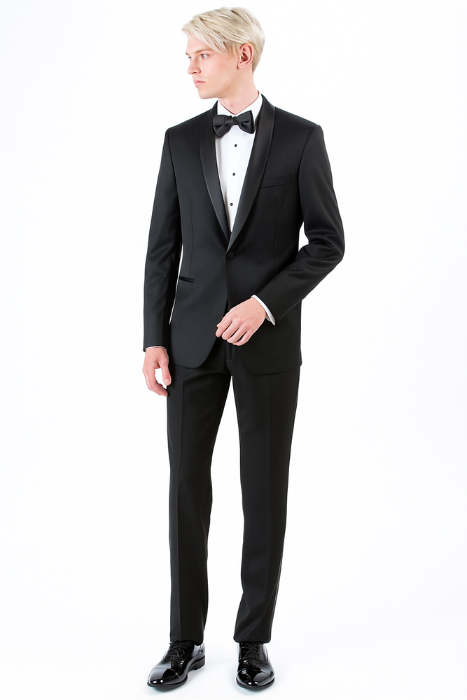 Men's 1 Button Shawl Lapel Wool Tuxedo Black Slim Fit Suit
