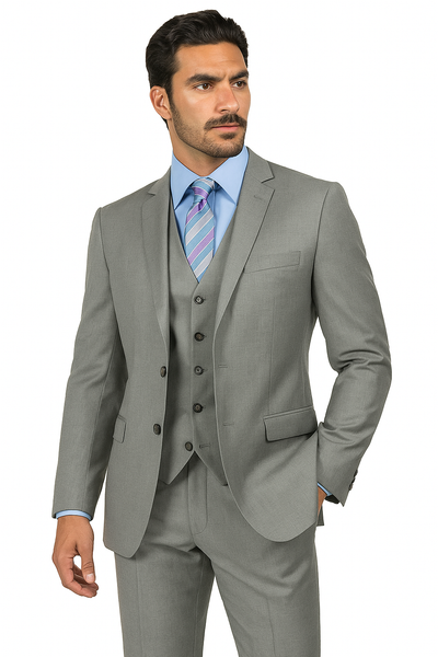 Mens Vested Slim Fit Wool Feel Suit in Medium Grey