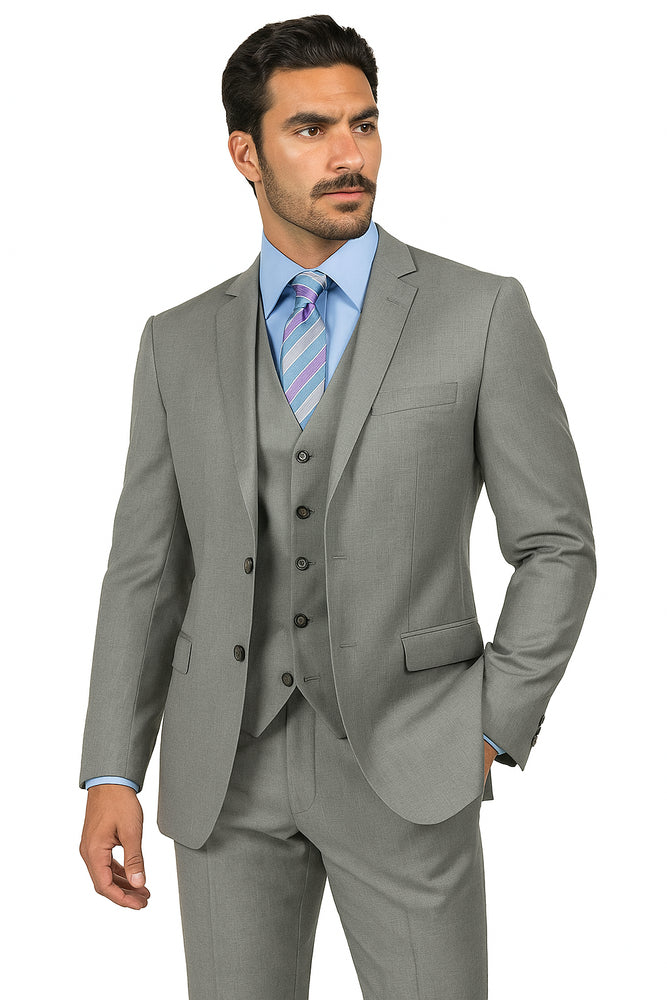 Mens Vested Slim Fit Wool Feel Suit in Medium Grey