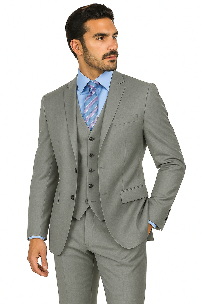 Mens Vested Slim Fit Wool Feel Suit in Medium Grey