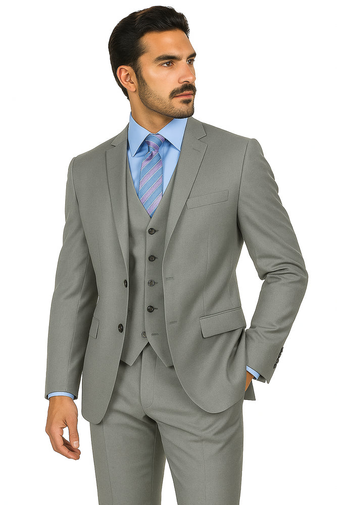 Mens Vested Slim Fit Wool Feel Suit in Medium Grey