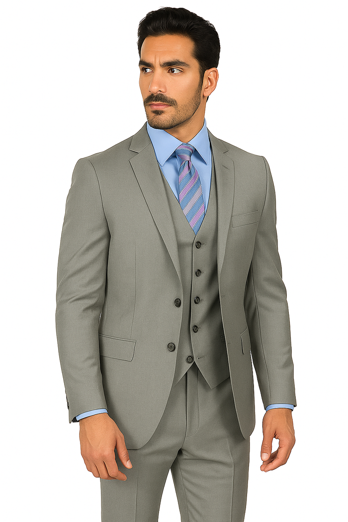Mens Vested Slim Fit Wool Feel Suit in Medium Grey