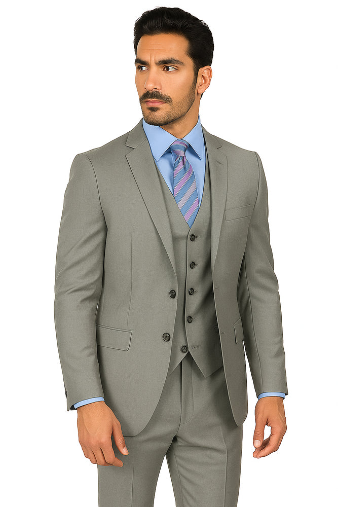 Mens Vested Slim Fit Wool Feel Suit in Medium Grey