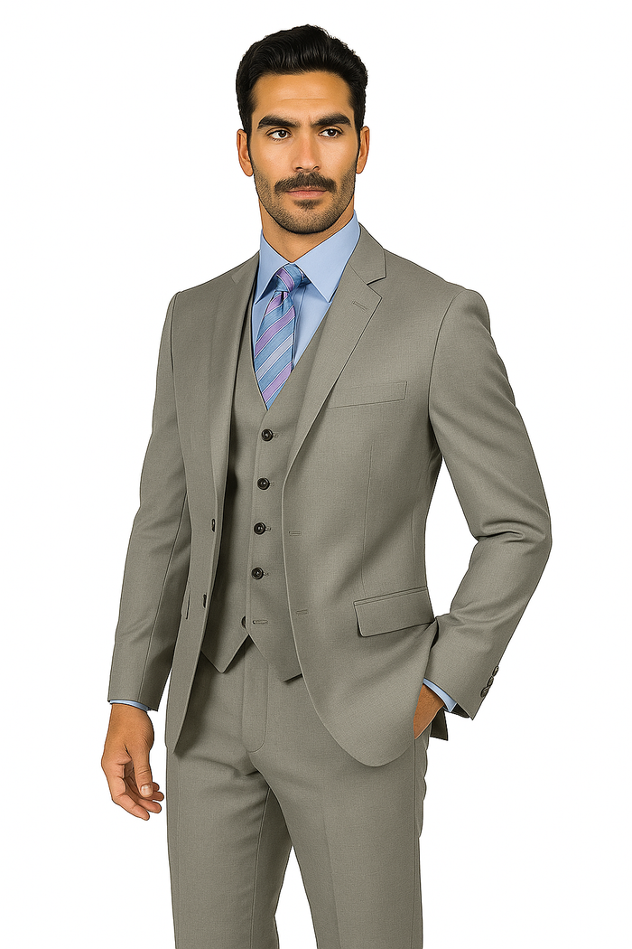 Mens Vested Slim Fit Wool Feel Suit in Medium Grey