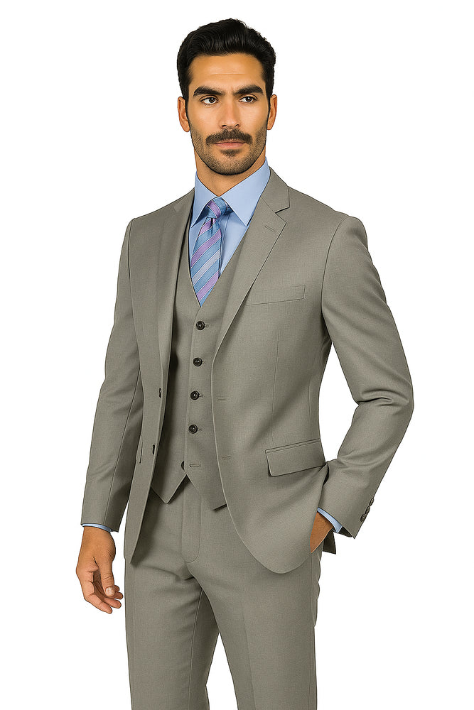 Mens Vested Slim Fit Wool Feel Suit in Medium Grey