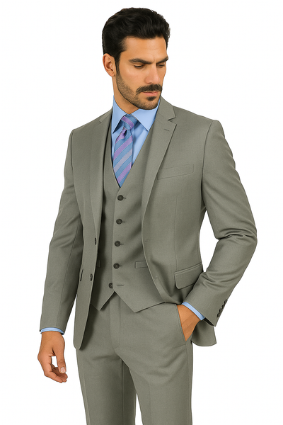 Mens Vested Slim Fit Wool Feel Suit in Medium Grey